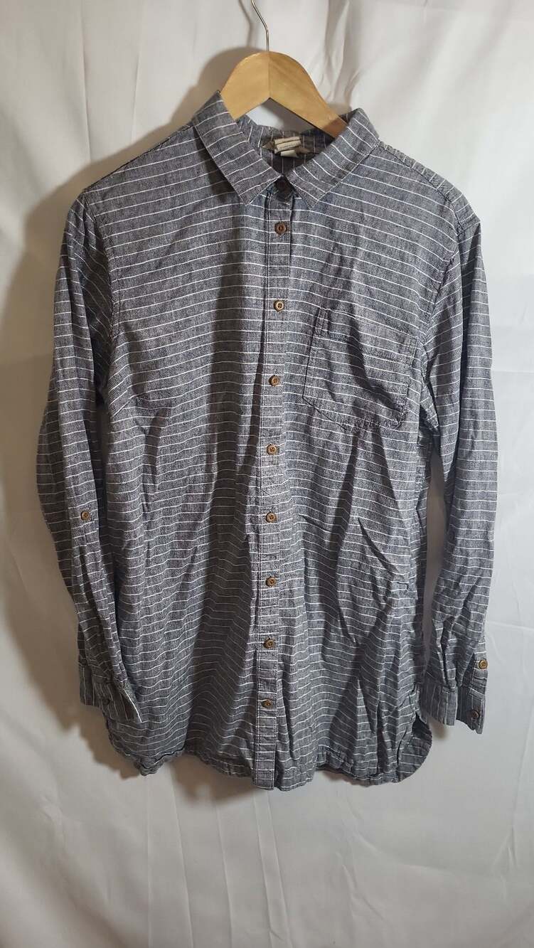 Duluth Trading Co Women's XL Hemp & Organic Cotton Gray Striped Roll-Up Long Sle